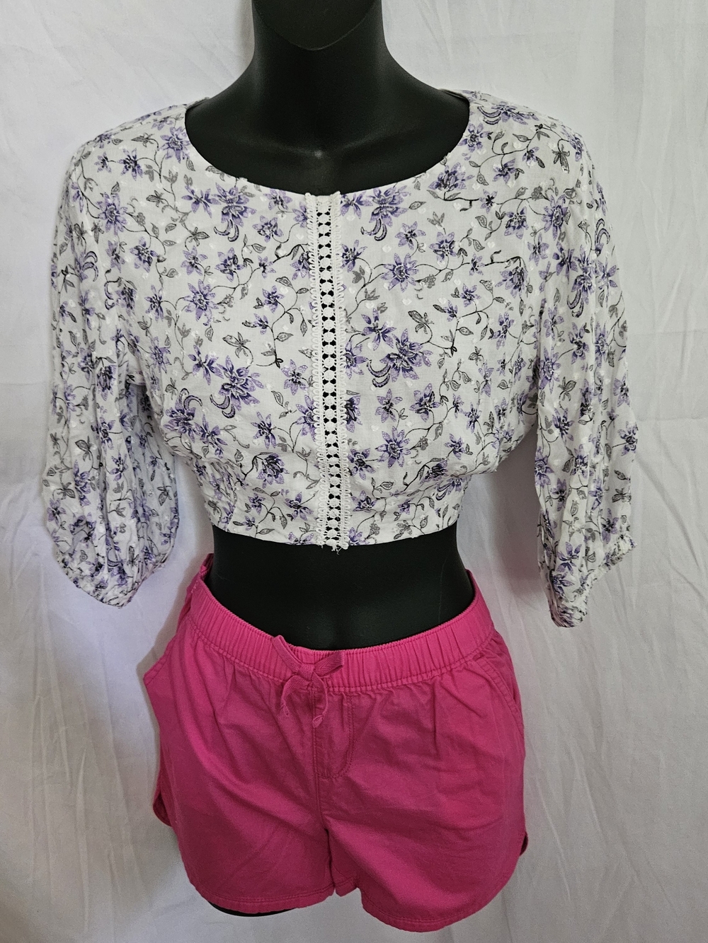 Olivaceous White Cropped Puff-Sleeve Top with Lavender Floral